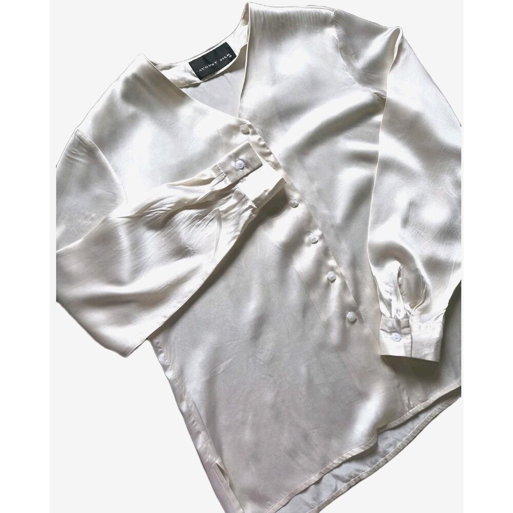 August Silk Ivory 100% Silk Blouse Button Front Long Sleeve Minimalist Top No Sz